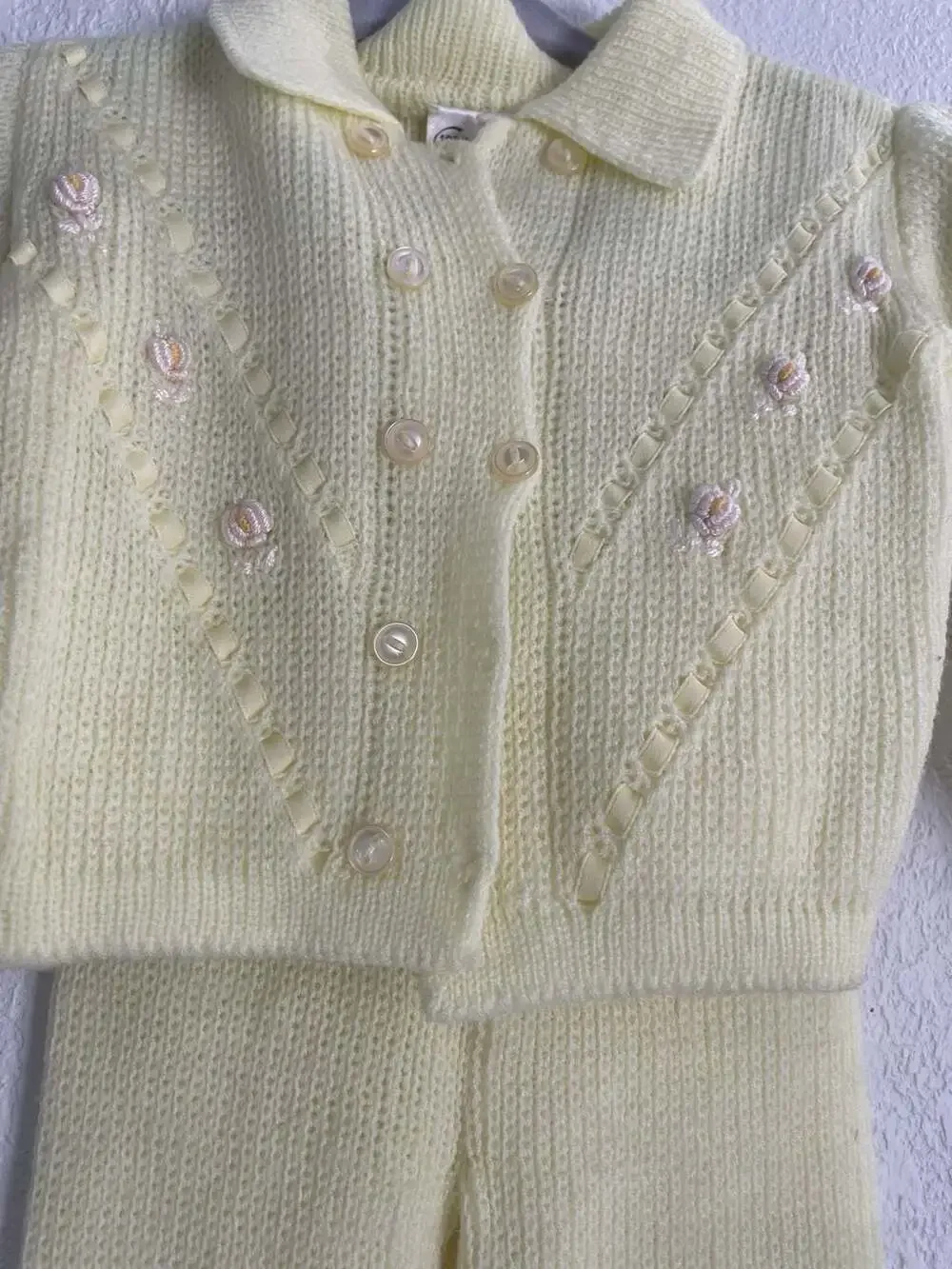 Vintage Yellow Knit Baby Sweater and Footed Pants Set with Floral Embroidery